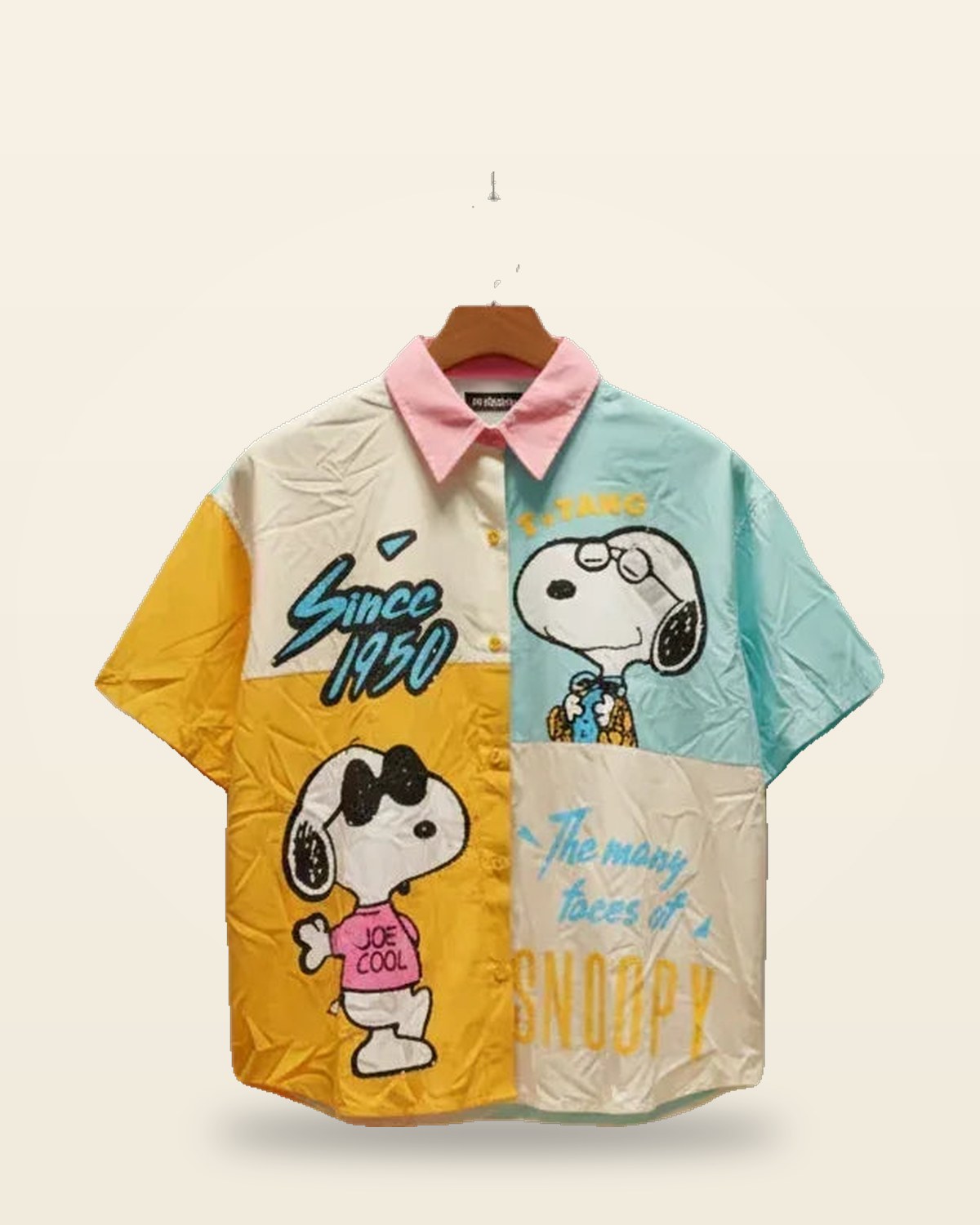 Retro Dog Graphic Color Block Shirt — Embroidered Half Sleeve