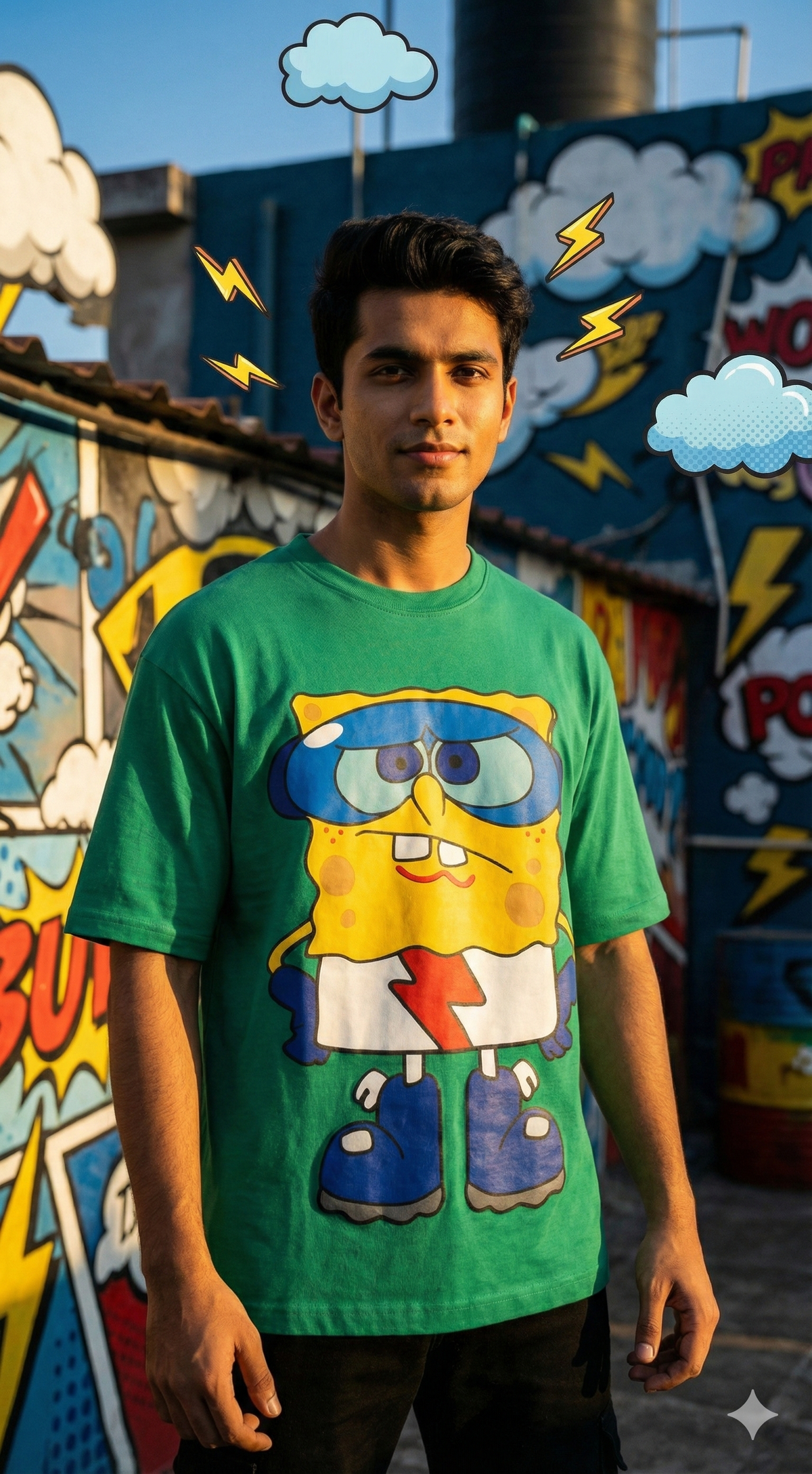 Funky Graphic Oversized Tee — Green Bio-Washed Cotton — view 2