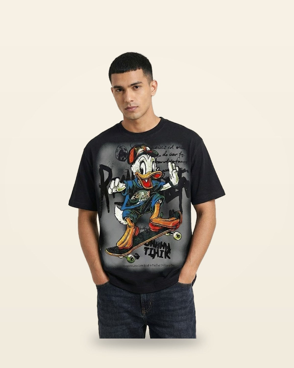 Skater Duck Graphic Tee — Bio-Washed Black Oversized Fit
