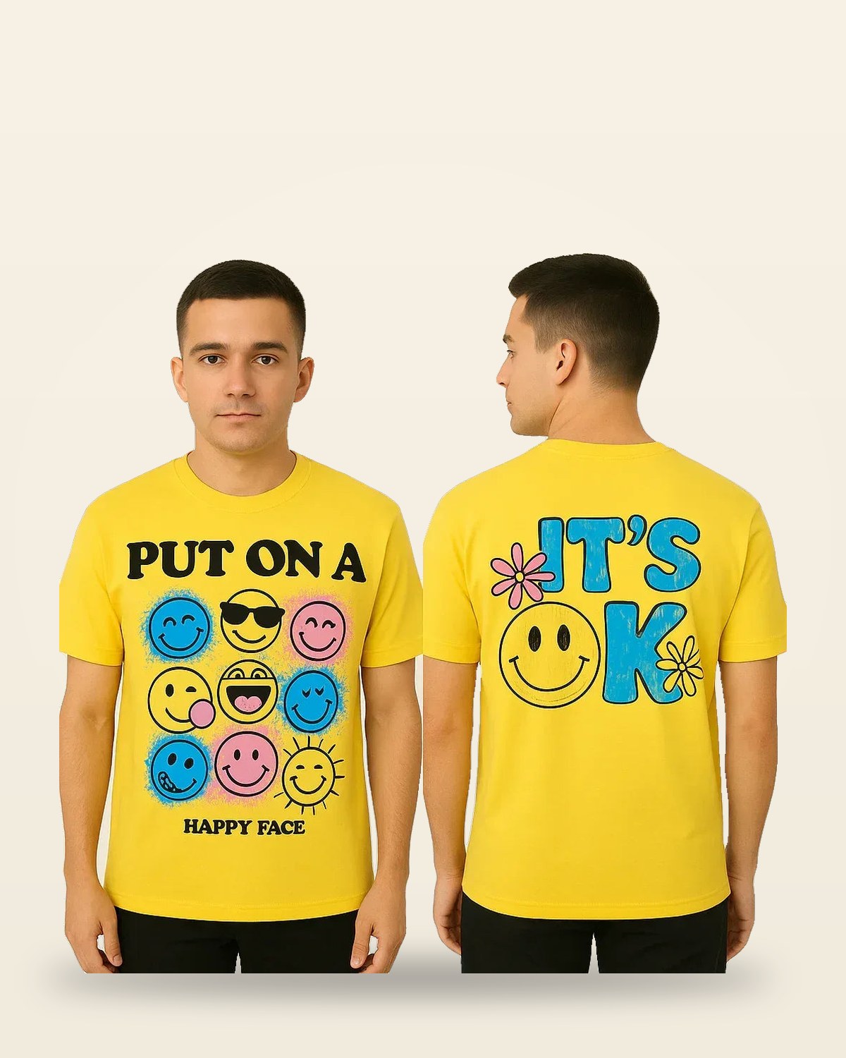 Smiley Graphic Oversized Tee — Bright Yellow Cotton