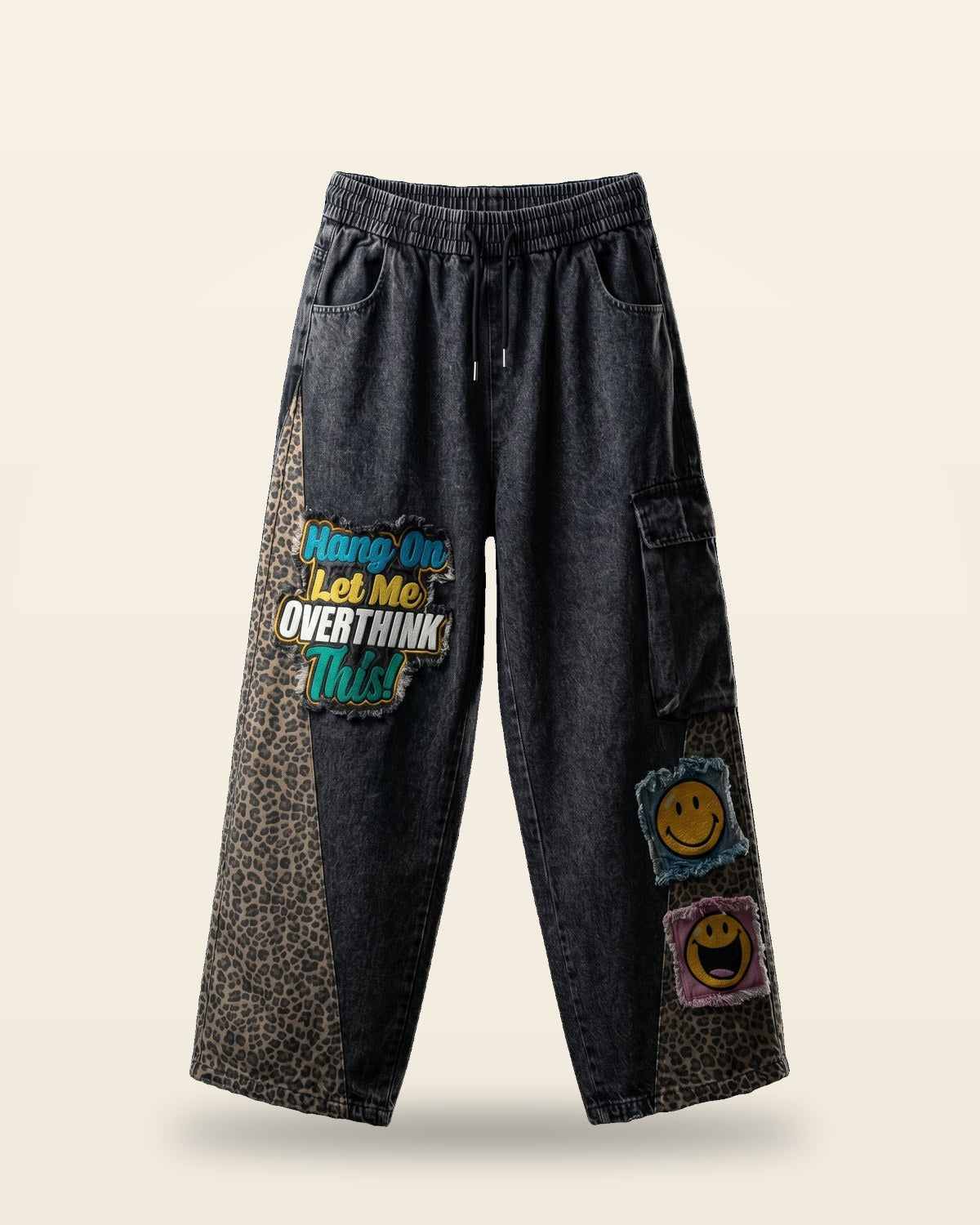 Smiley Patches Jeans — Multicolor Tapered Fit with Elasticated Waist