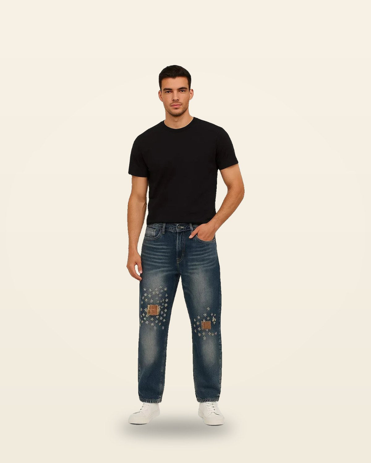 Star-Embroidered Straight Denim — Mid-Blue Wash