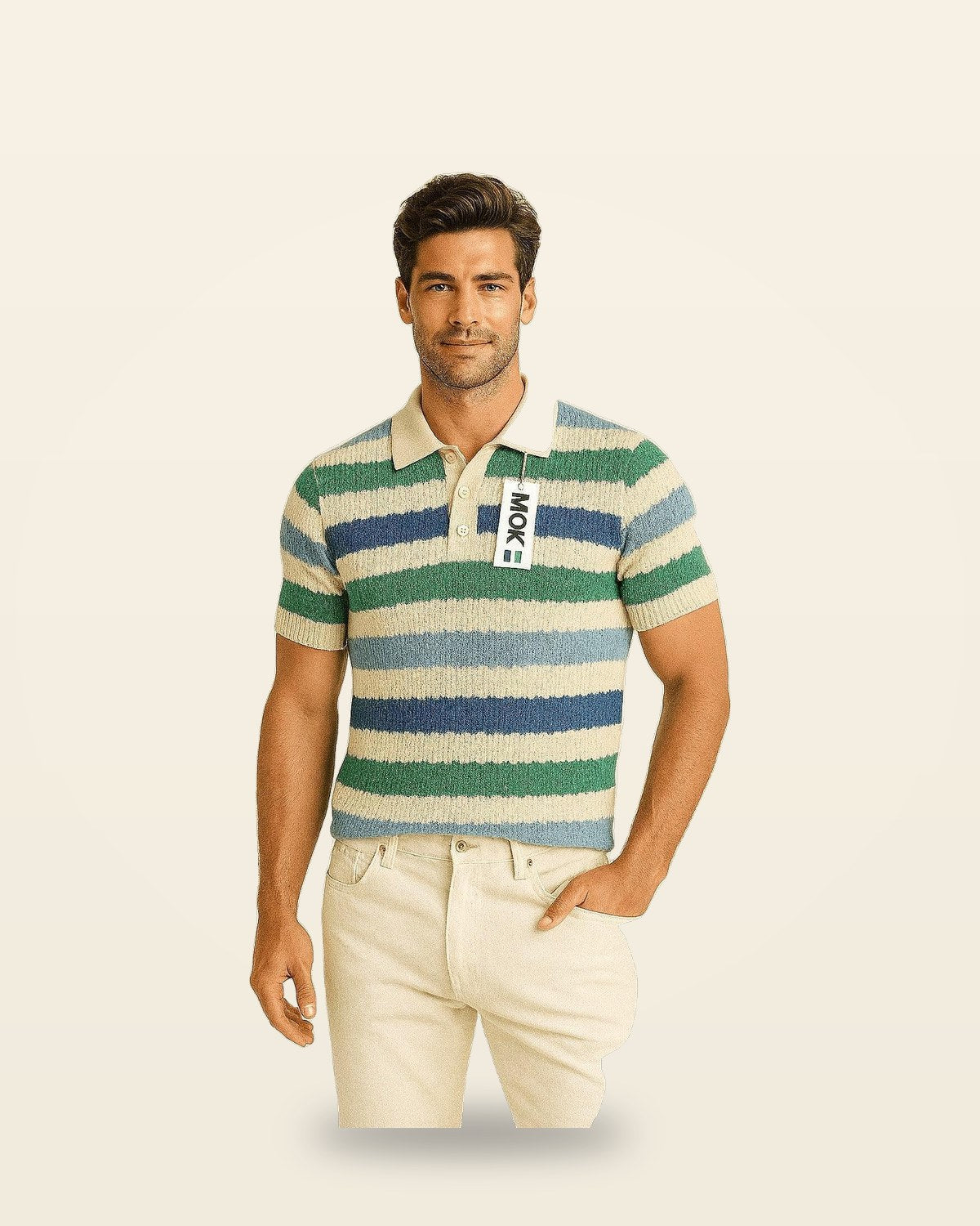 Striped Knit Polo — Green Cream Retro Fit