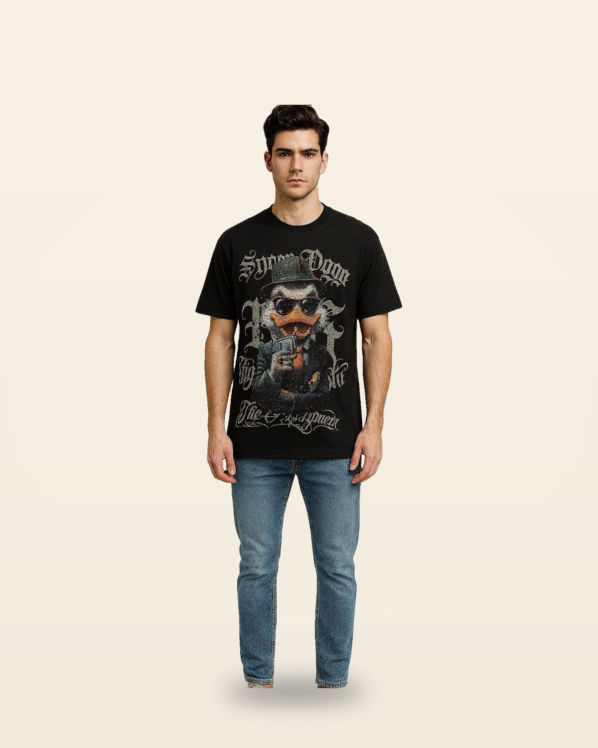 Suited Character Graphic Tee — Drop Shoulder Black
