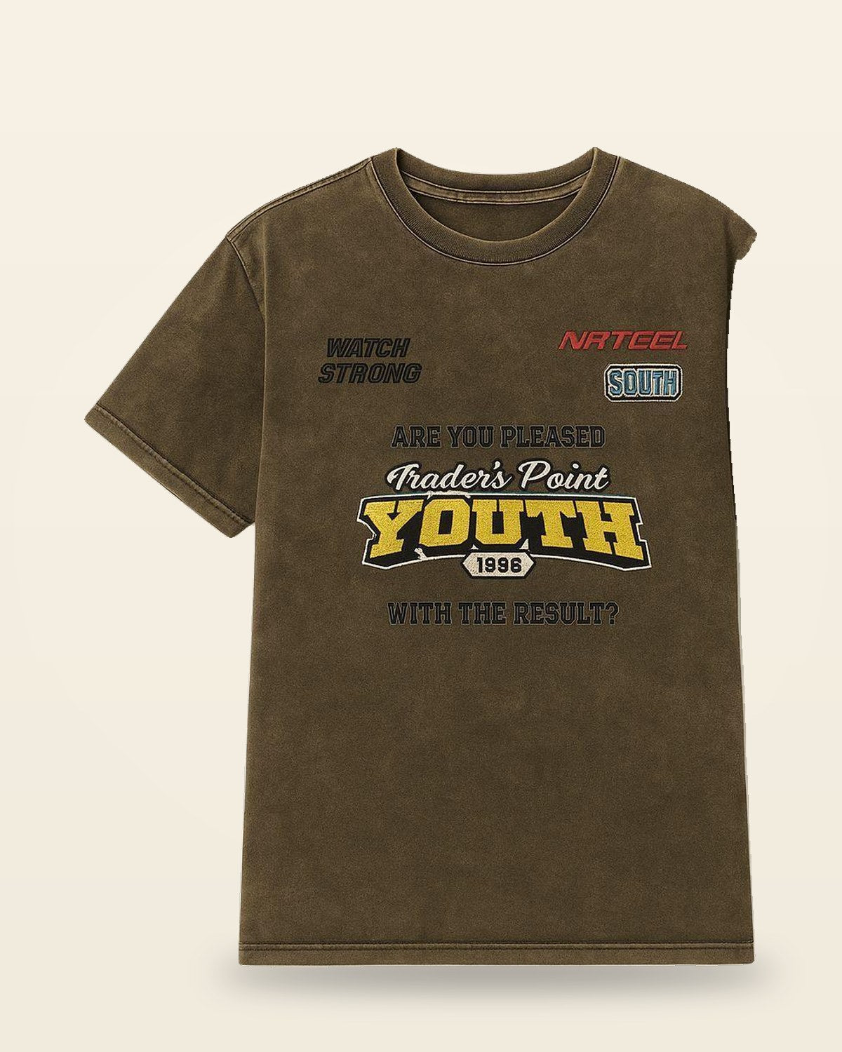 Typographic Olive Tee — Multi-Color Retro Print
