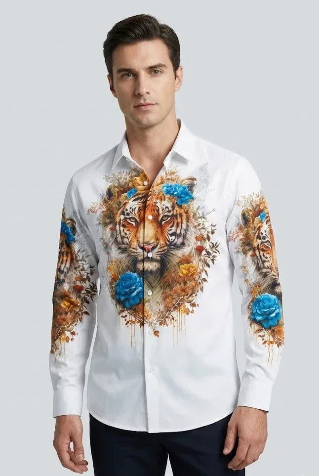 SANKI Royal Tiger Floral White Formal Shirt - Sanki