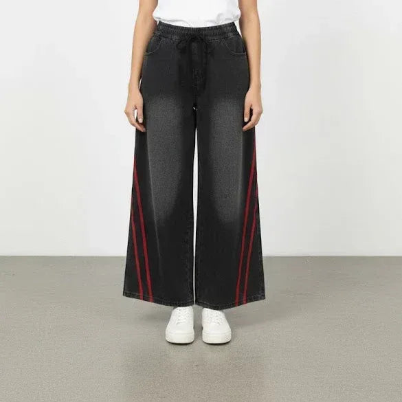 SANKI Funky Red Stripe Grey Baggy Bottom Jeans - Sanki