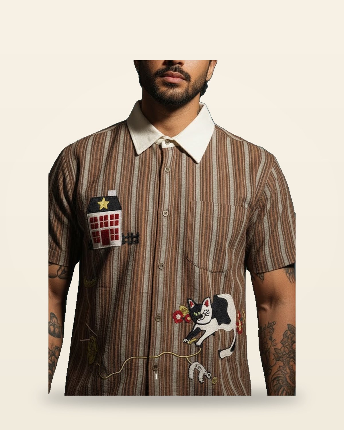 Urban Patch Stripe Shirt — Relaxed Fit Brown