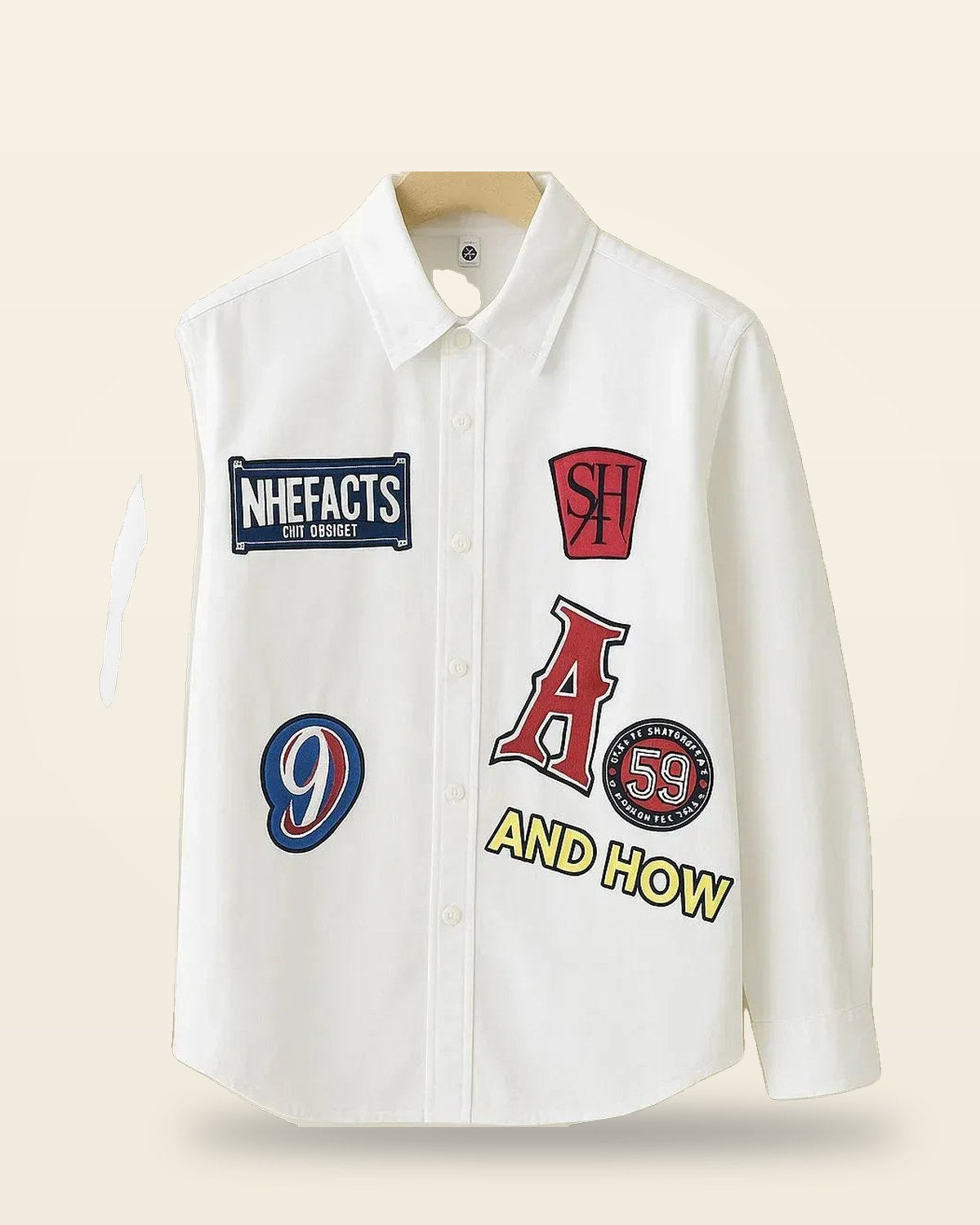 Varsity Patch Embroidered Shirt — White Cotton Full Sleeve