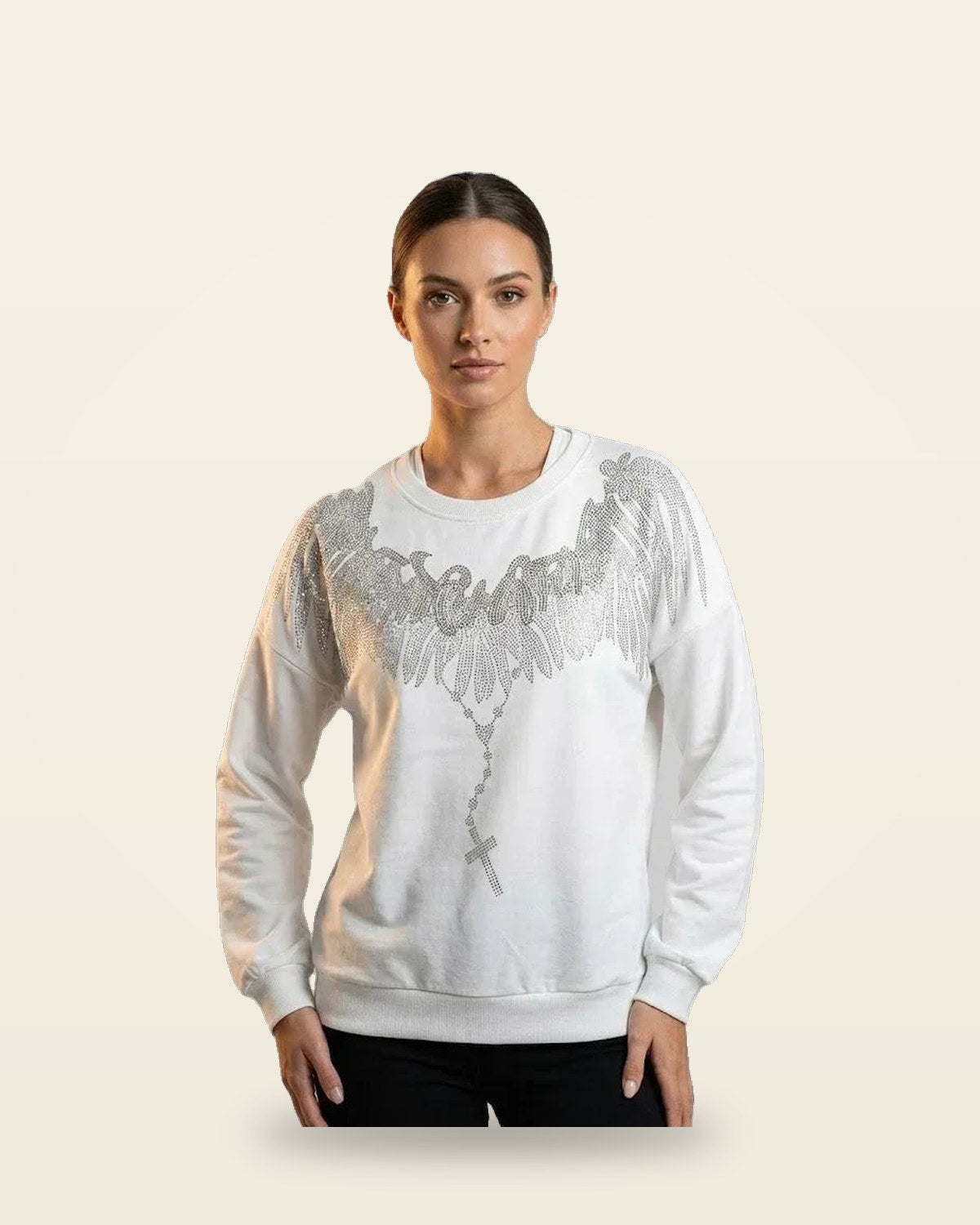 Graphic Print Sweatshirt — White Fleece Crew Neck