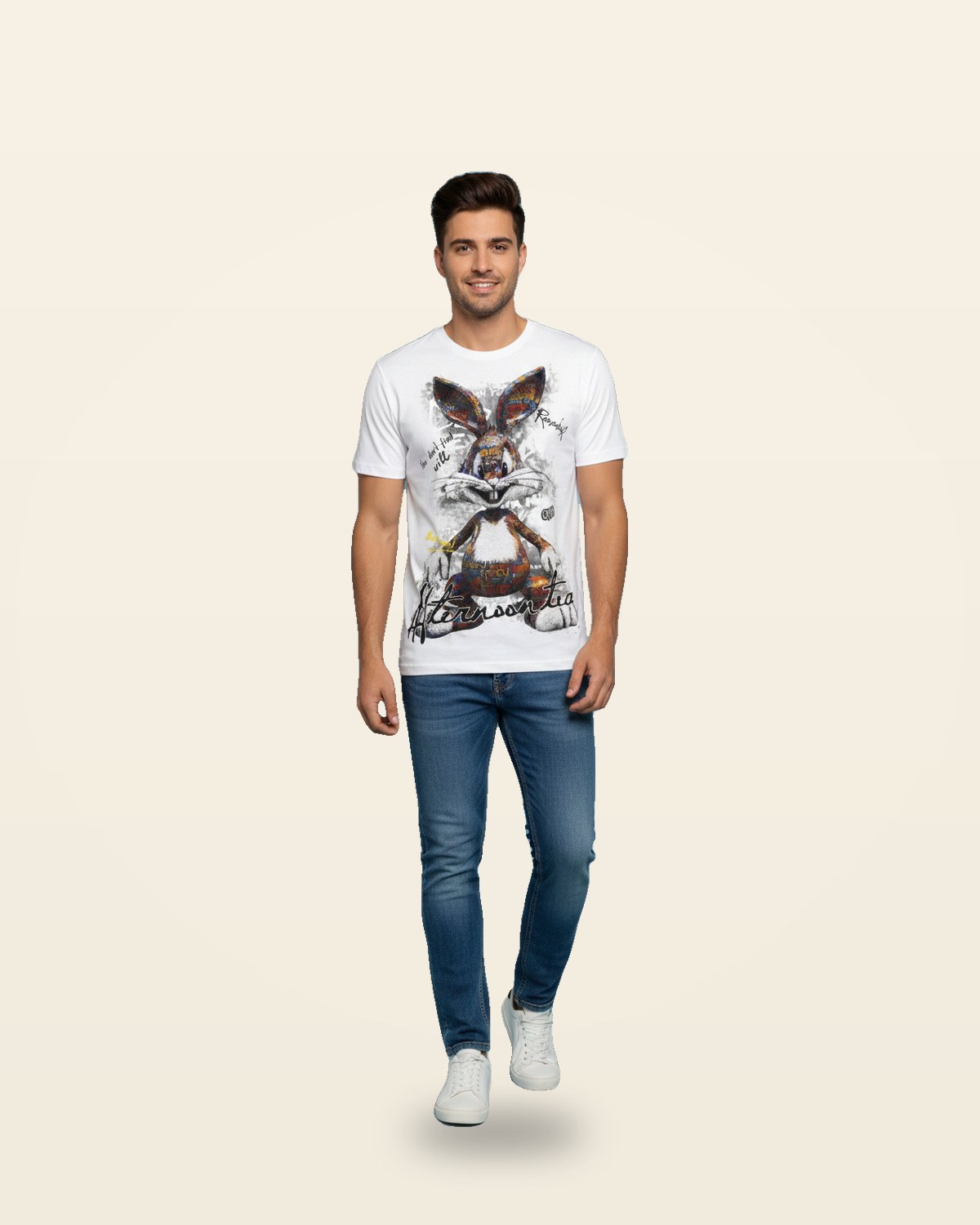 White Oversized Tee — Embroidered Rabbit Graphic