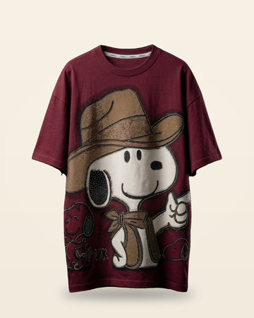 Wild West Buddy Oversized Tee — Maroon Bio-Washed Cotton